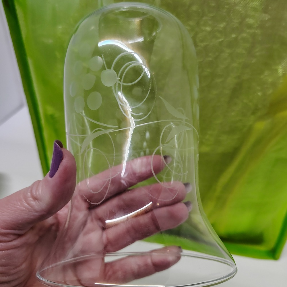 Vtg 1.5" Fitter Clear Etched Glass Shade Grapes Design Hurricane Lamp Shade 7"